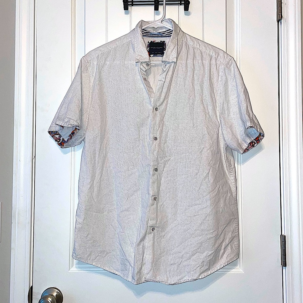 Denim & Flower White Polka Dotted Dress Buttoned Up Shirt Short Sleeves - L
